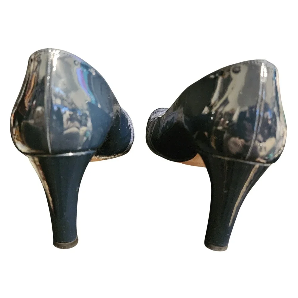 Stuart Weitzman Navy Patent Leather Peep Toe Pumps Grosgrain Heels Size 9.5 M